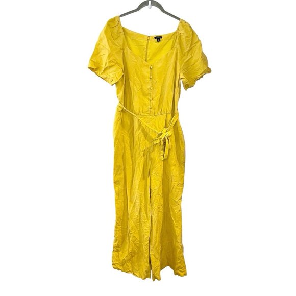 Ann Taylor Lyocell Linen Blend Wide Leg Jumpsuit Belted Buttons Solid Yellow 10 - Picture 2 of 8